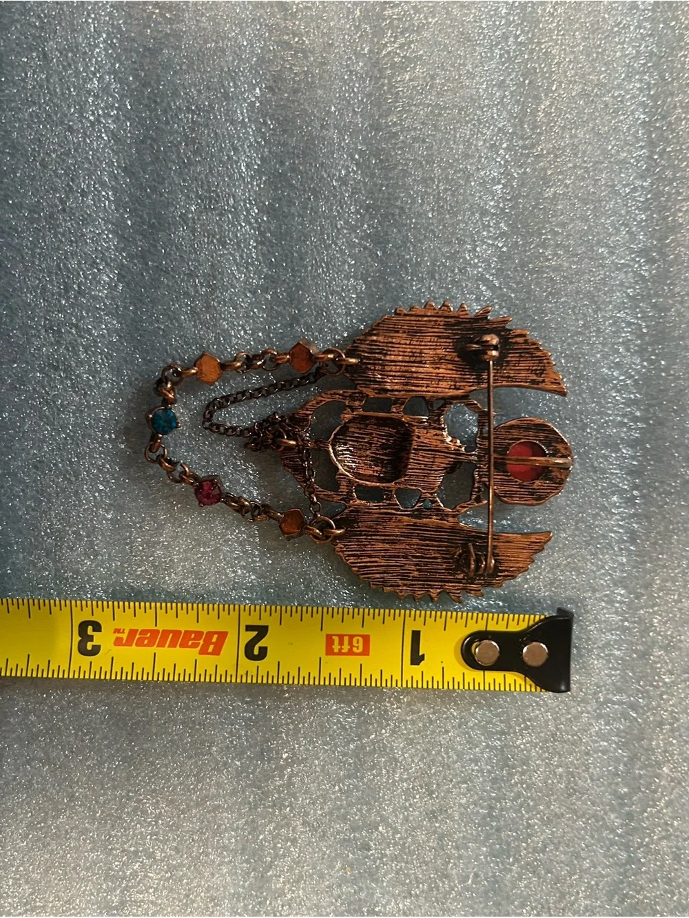 Source Unknown Blue and Coral Winged Scarab Brooch with Chain Drops